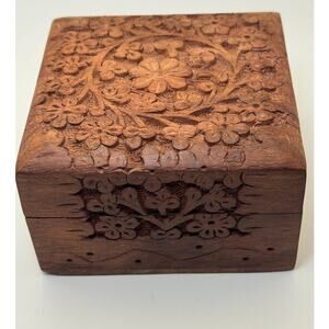 Hand Carved Wooden Trinket Box Floral Jewelry Box Red Lined